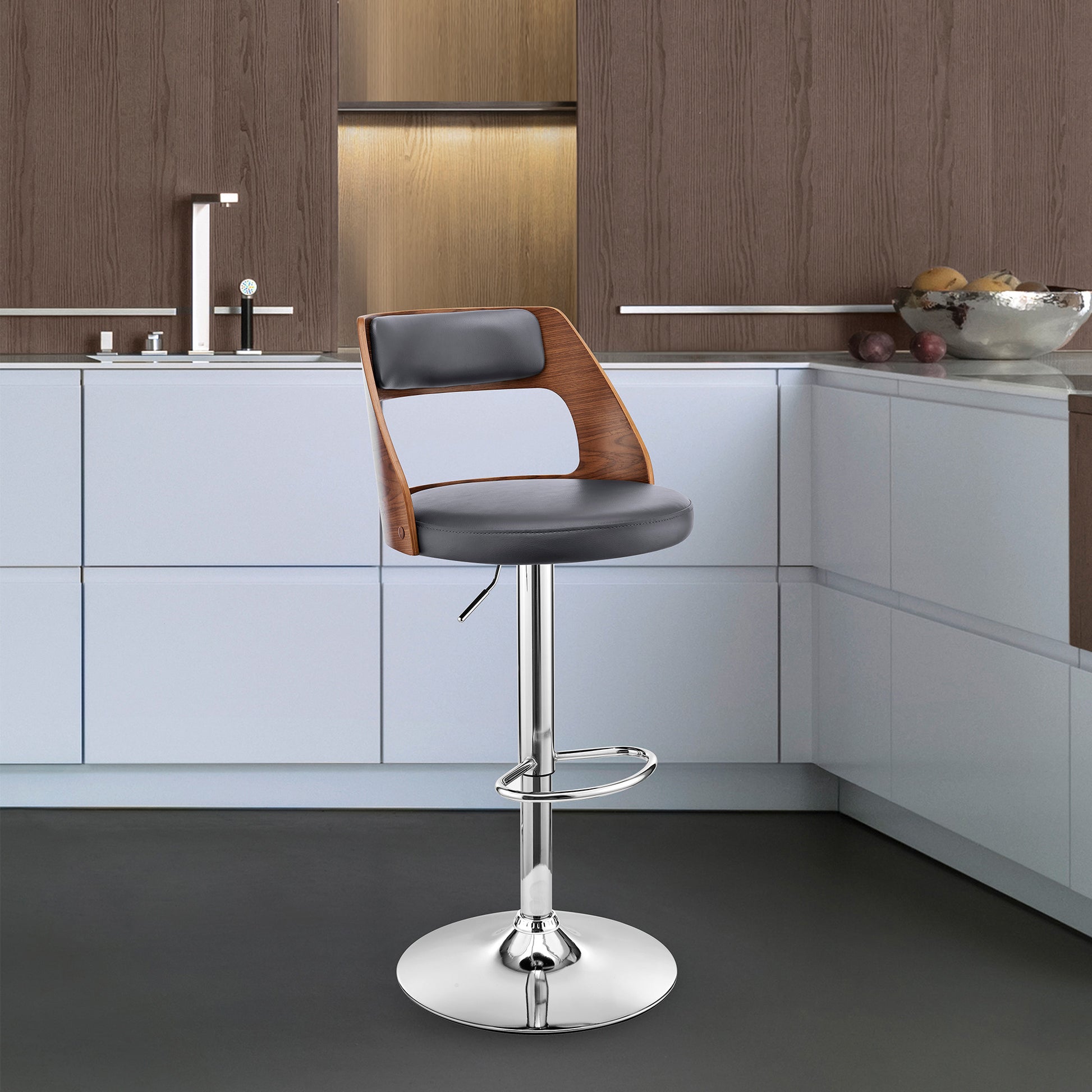 Gray Upholstered Chrome Base Adjustable Swivel Bar Stool By Homeroots | Bar Stools | Modishstore