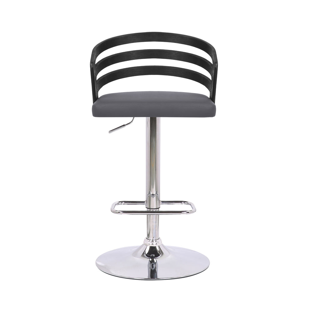 Gray Faux Leather Black Wood and Chrome Adjustable Swivel Bar Stool By Homeroots | Bar Stools | Modishstore - 3