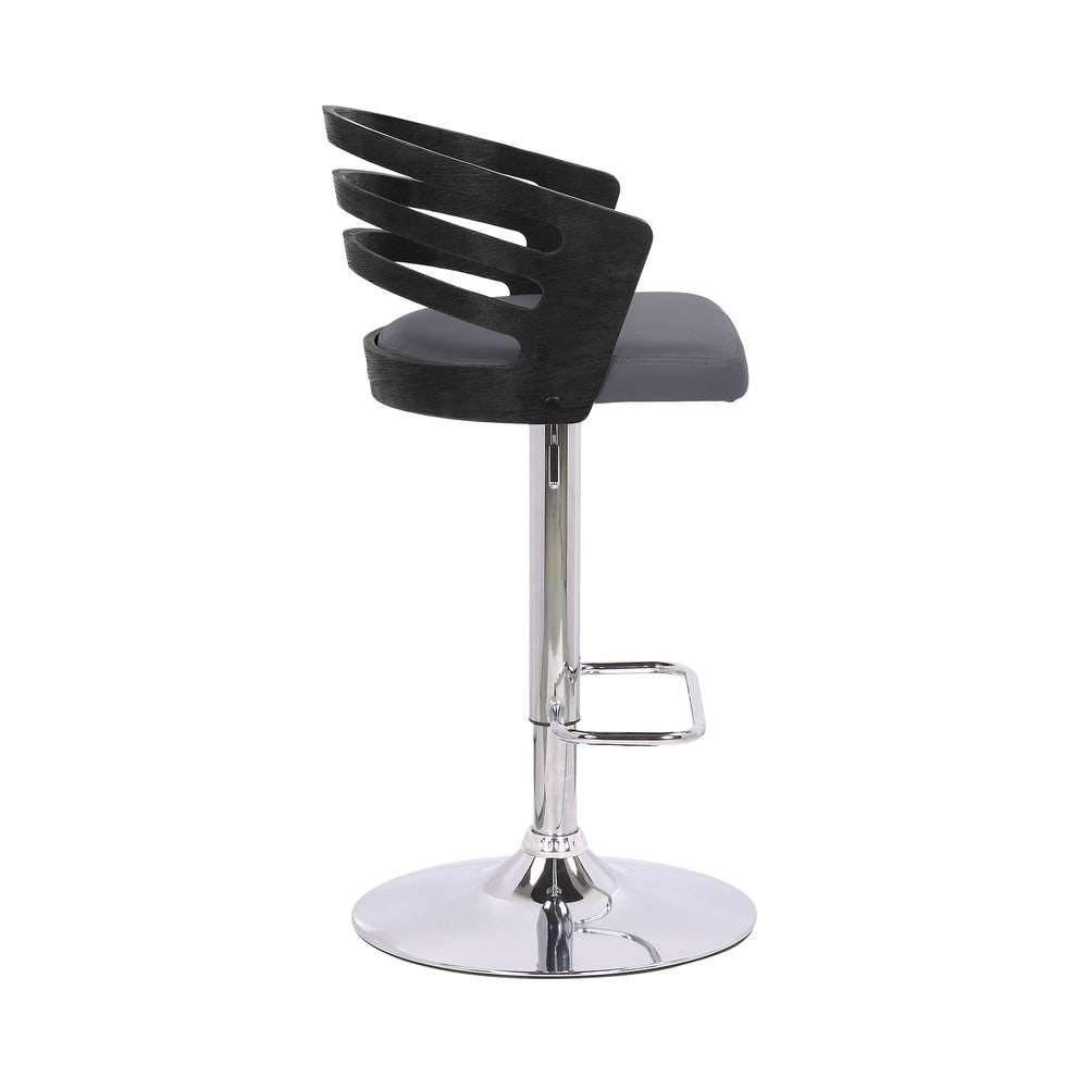 Gray Faux Leather Black Wood and Chrome Adjustable Swivel Bar Stool By Homeroots | Bar Stools | Modishstore - 4