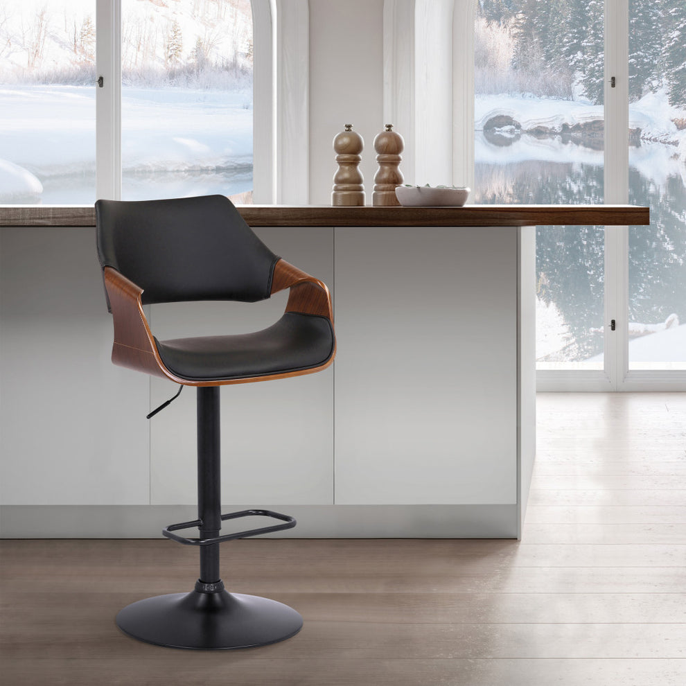 Black Faux Leather and Walnut Wood and Black Swivel Adjustable Bar Stool By Homeroots | Bar Stools | Modishstore - 8