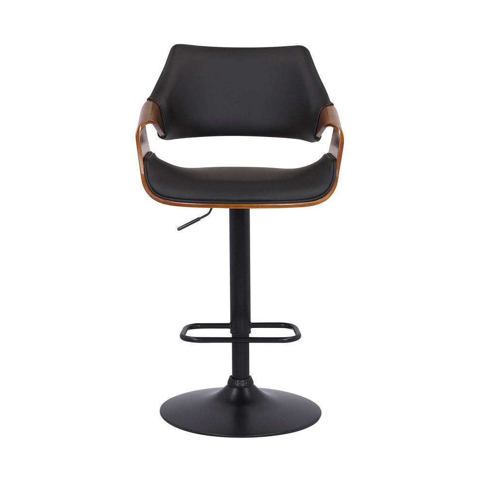 Black Faux Leather and Walnut Wood and Black Swivel Adjustable Bar Stool By Homeroots | Bar Stools | Modishstore - 2