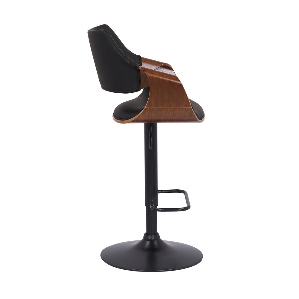 Black Faux Leather and Walnut Wood and Black Swivel Adjustable Bar Stool By Homeroots | Bar Stools | Modishstore - 3
