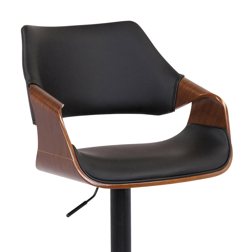Black Faux Leather and Walnut Wood and Black Swivel Adjustable Bar Stool By Homeroots | Bar Stools | Modishstore - 6