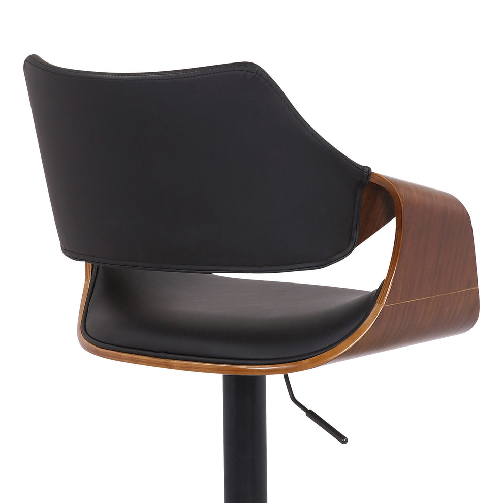 Black Faux Leather and Walnut Wood and Black Swivel Adjustable Bar Stool By Homeroots | Bar Stools | Modishstore - 7