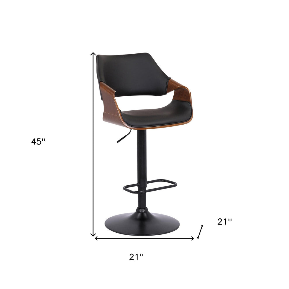 Black Faux Leather and Walnut Wood and Black Swivel Adjustable Bar Stool By Homeroots | Bar Stools | Modishstore - 9
