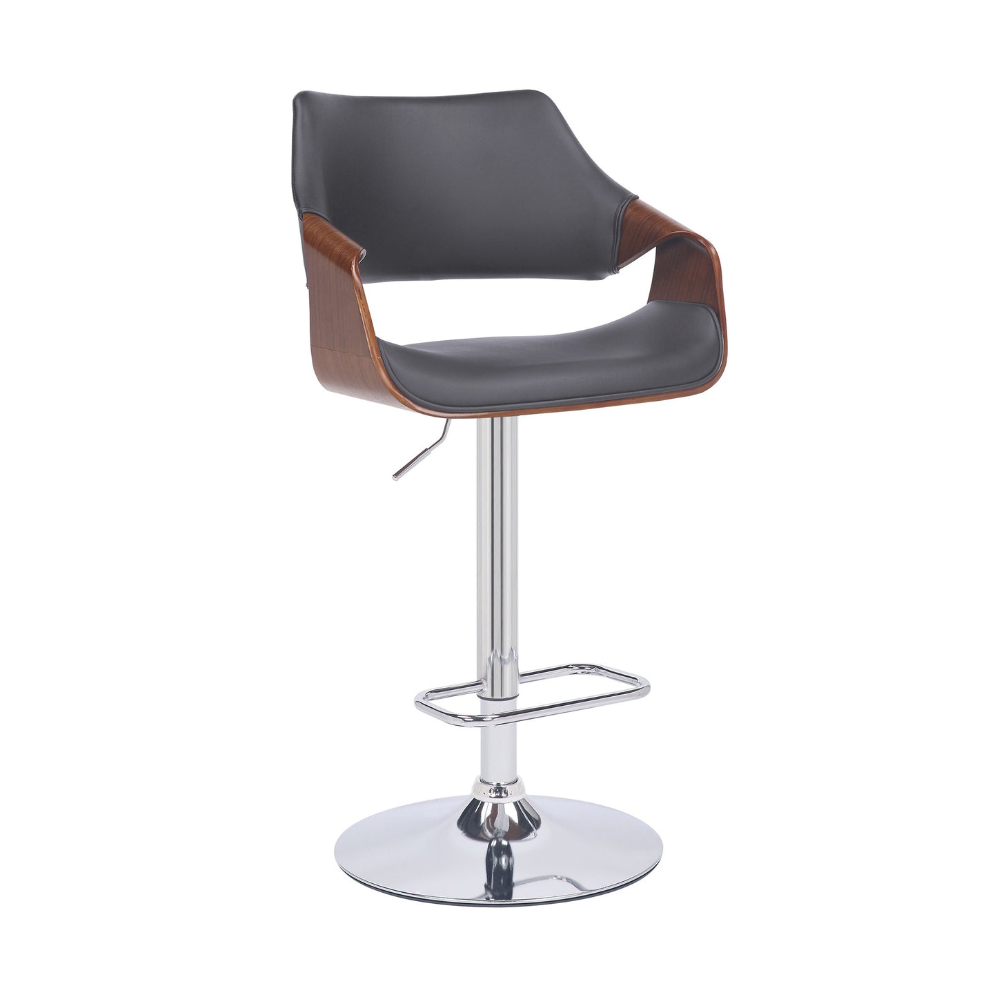 Grey Faux Leather and Walnut Wood and Chrome Swivel Adjustable Bar Stool By Homeroots | Bar Stools | Modishstore