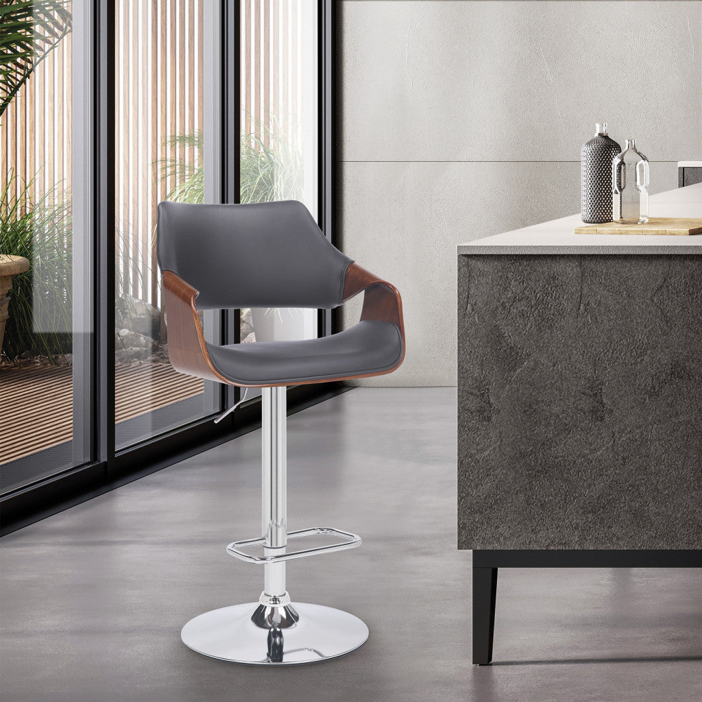 Grey Faux Leather and Walnut Wood and Chrome Swivel Adjustable Bar Stool By Homeroots | Bar Stools | Modishstore