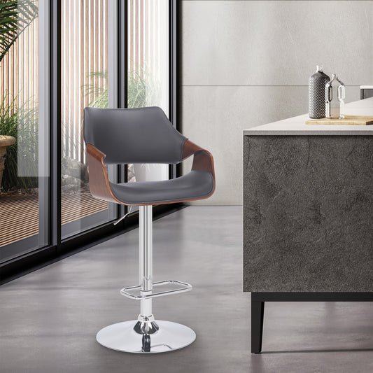 Grey Faux Leather and Walnut Wood and Chrome Swivel Adjustable Bar Stool By Homeroots | Bar Stools | Modishstore