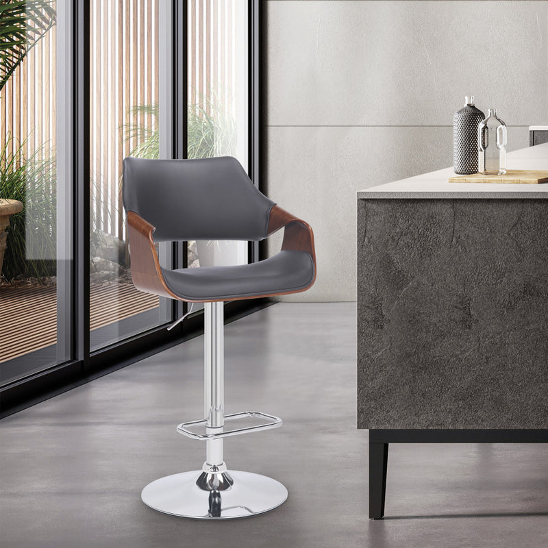 Grey Faux Leather and Walnut Wood and Chrome Swivel Adjustable Bar Stool By Homeroots | Bar Stools | Modishstore