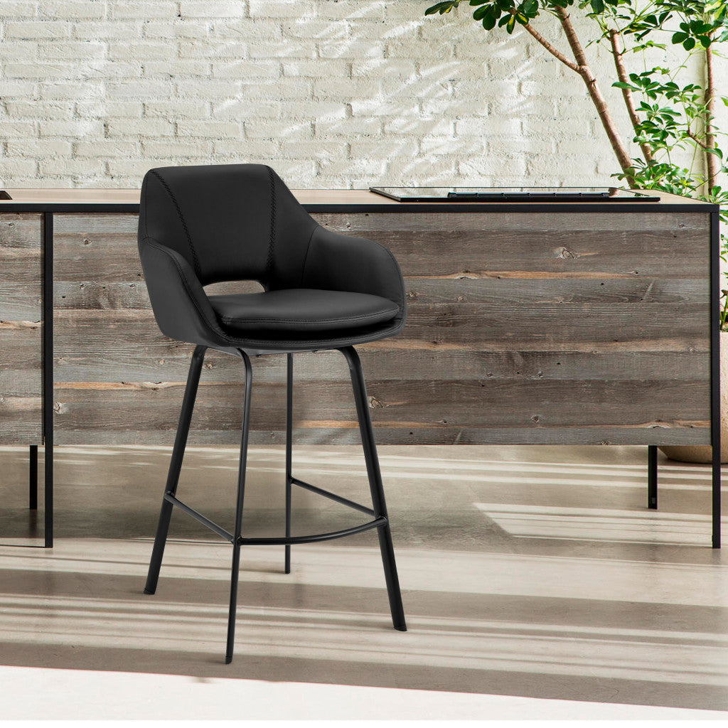 26" Black on Black Faux Leather Comfy Swivel Counter Stool By Homeroots | Bar Stools | Modishstore