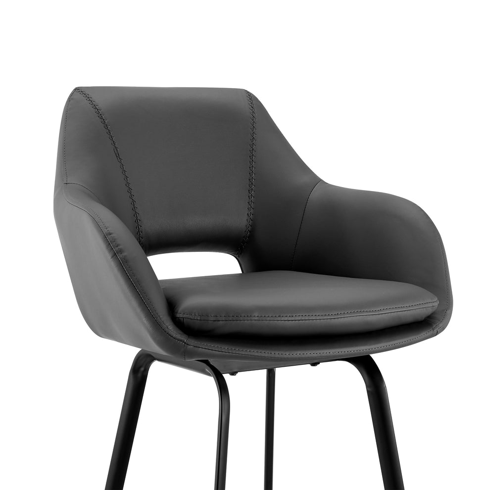 30" Gray on Black Faux Leather Comfy Swivel Bar Stool By Homeroots | Bar Stools | Modishstore - 7