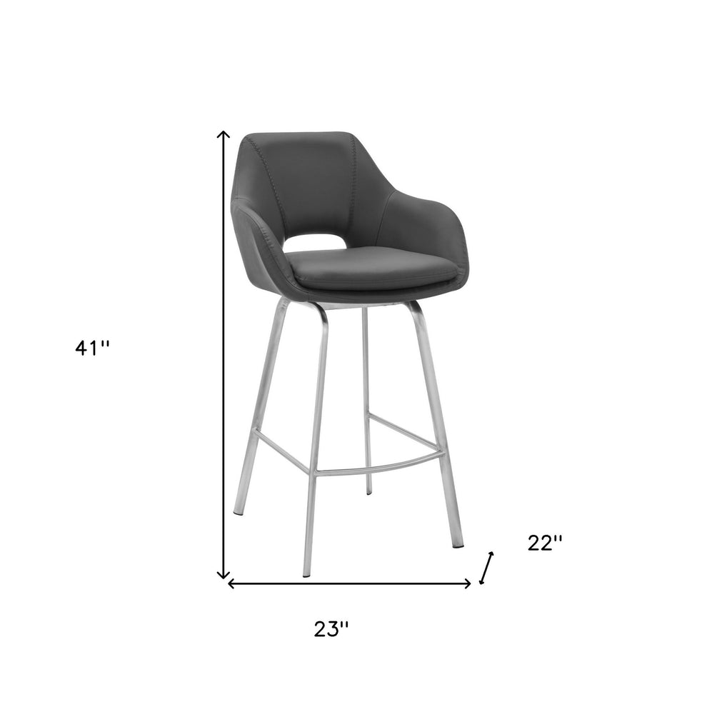 30" Gray on Stainless Faux Leather Comfy Swivel Bar Stool By Homeroots | Bar Stools | Modishstore - 9