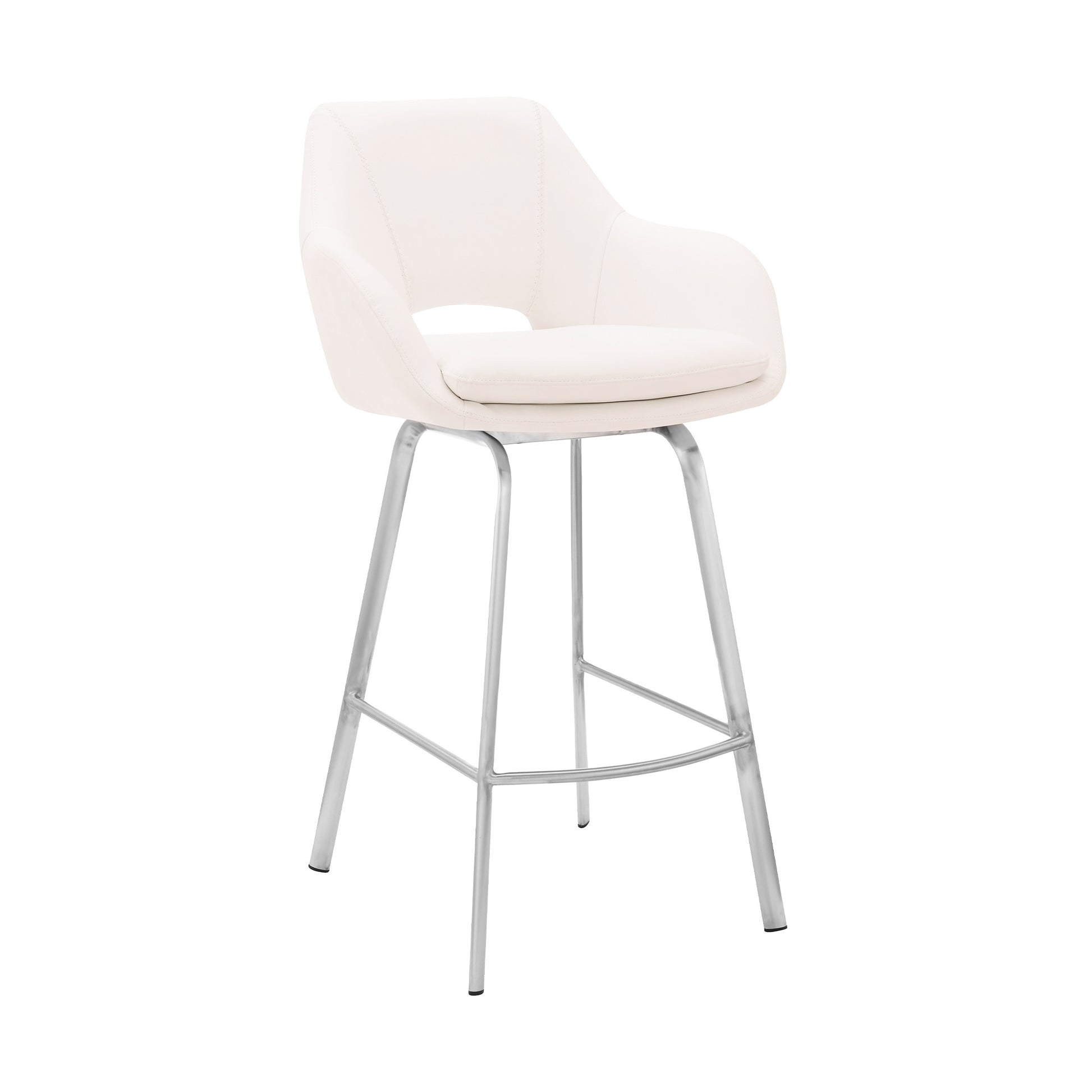 26" White Faux Leather and Stainless Steel Swivel Counter Stool By Homeroots | Bar Stools | Modishstore