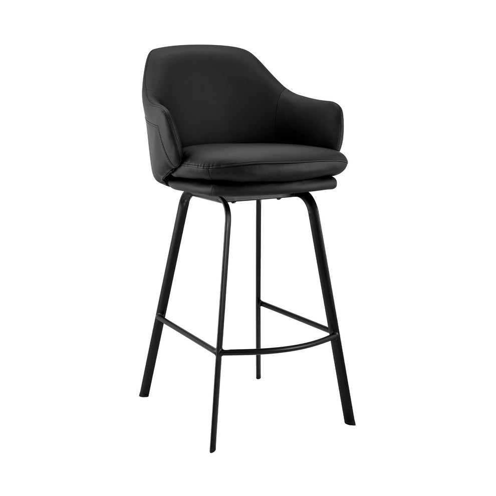 30" Black Faux Leather and Black Metal Swivel Bar Stool By Homeroots | Bar Stools | Modishstore - 2