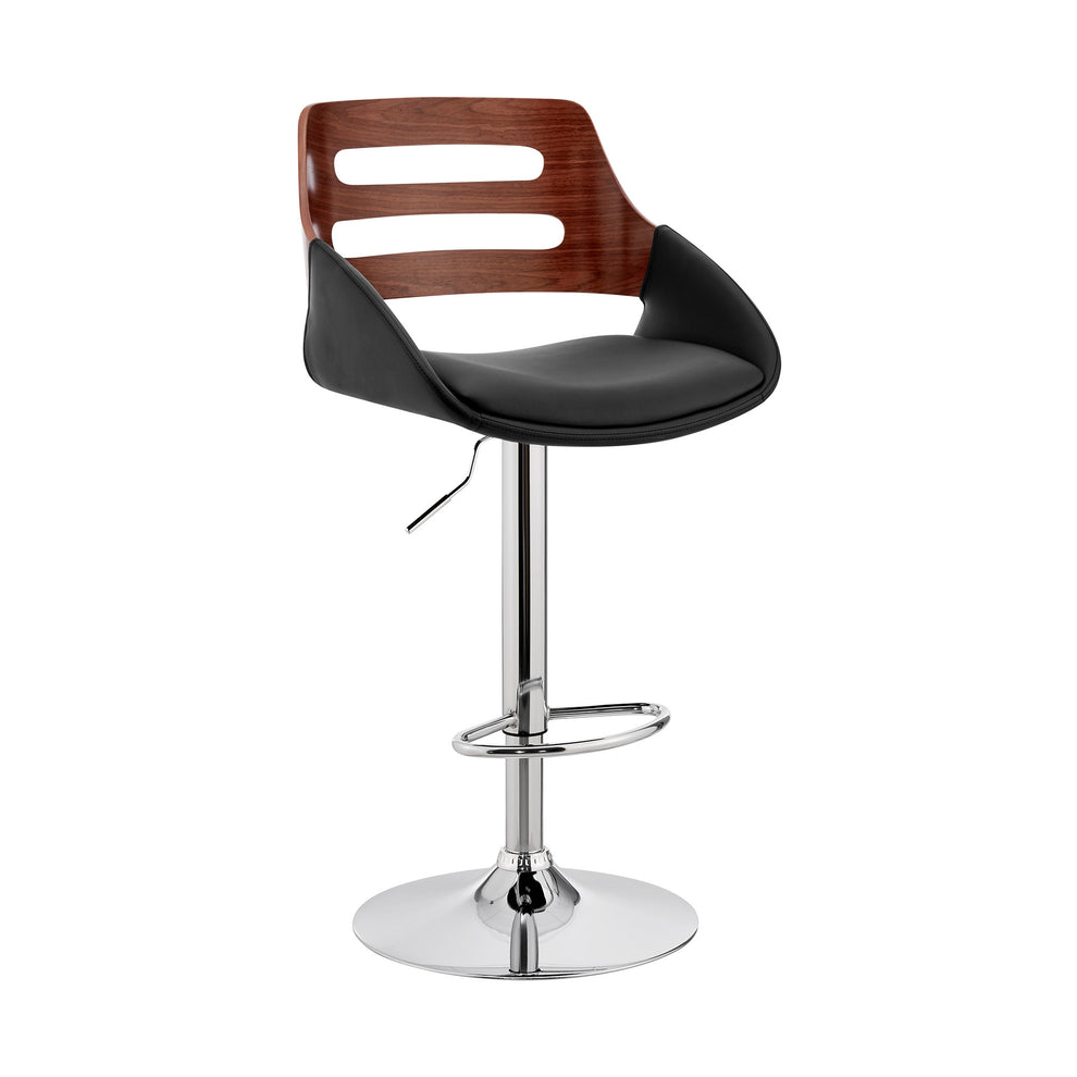 Black Faux Leather and Walnut Wood Adjustable Bar Stool By Homeroots | Bar Stools | Modishstore - 2