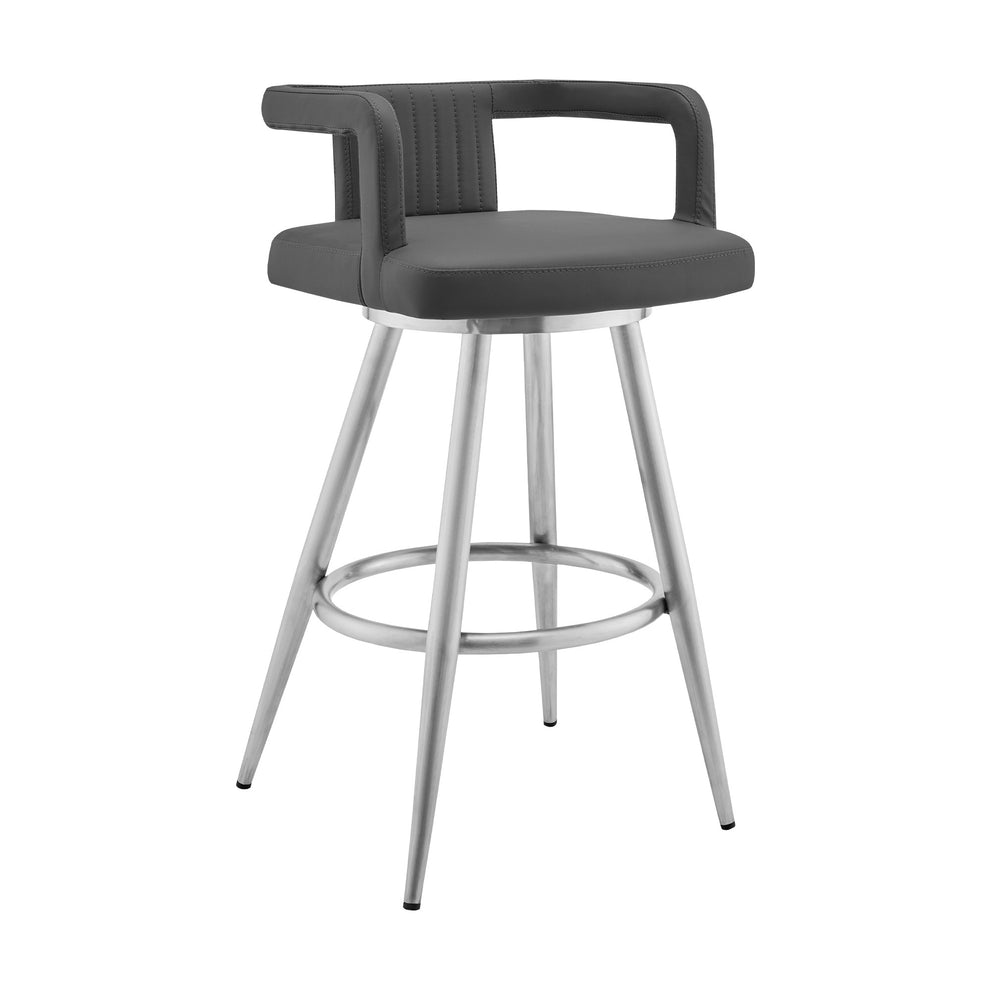 33" Gray Faux Leather And Iron Swivel Low Back Counter Height Bar Chair By Homeroots | Bar Stools | Modishstore - 2