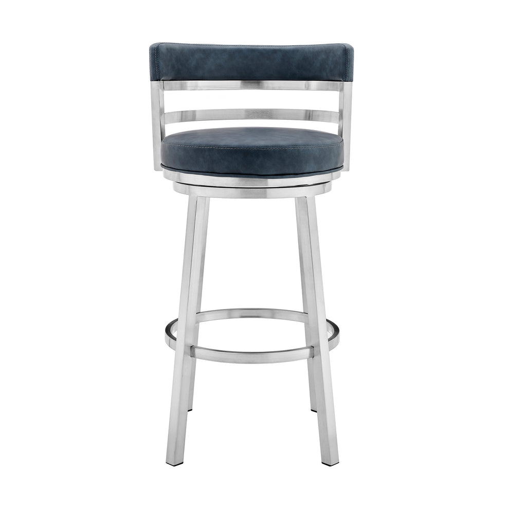 40" Blue Faux Leather And Iron Swivel Low Back Bar Height Chair By Homeroots | Bar Stools | Modishstore - 2