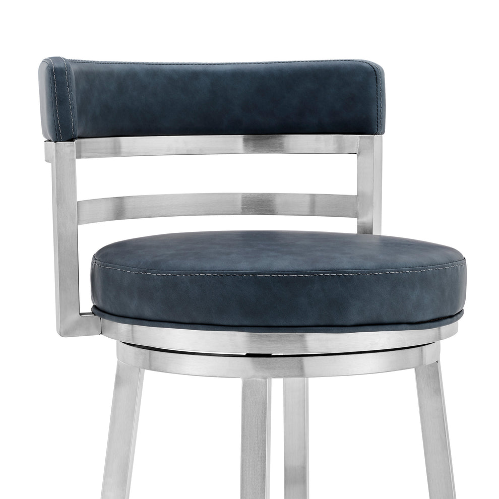 40" Blue Faux Leather And Iron Swivel Low Back Bar Height Chair By Homeroots | Bar Stools | Modishstore - 5