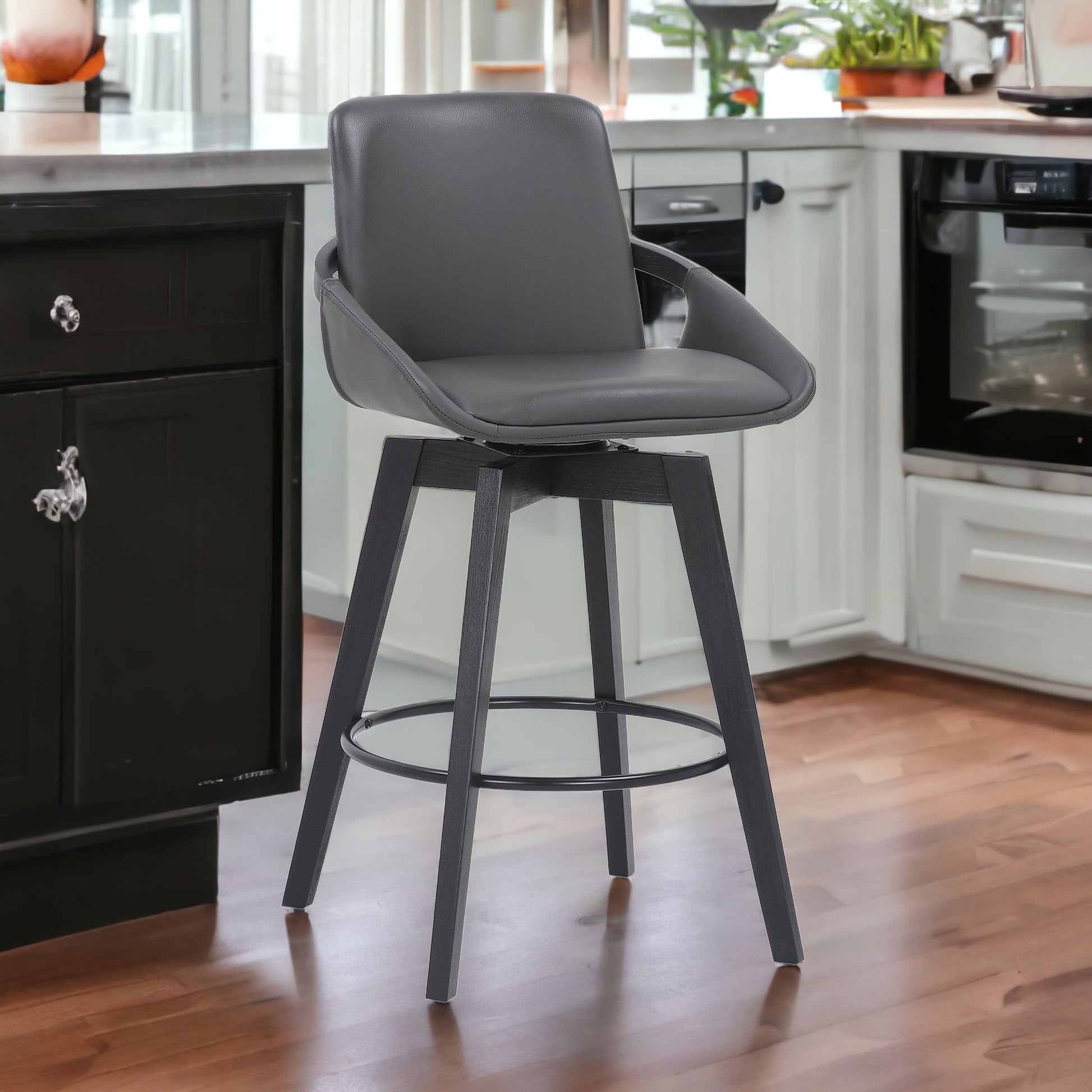 27" Gray and Black Faux Leather Swivel Low Back Bar Height Bar Chair with Footrest By Homeroots | Bar Stools | Modishstore