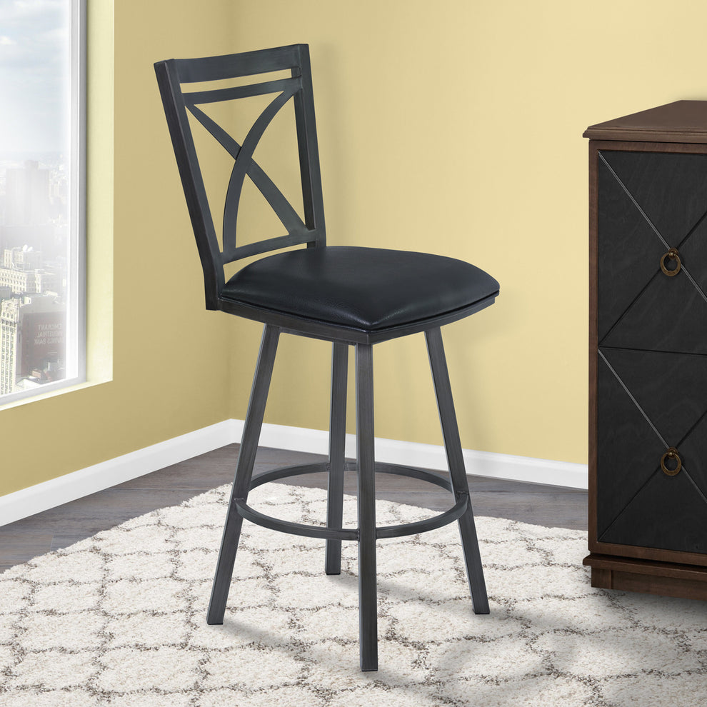 46" Black Faux Leather And Iron Swivel Bar Height Chair By Homeroots | Bar Stools | Modishstore - 6