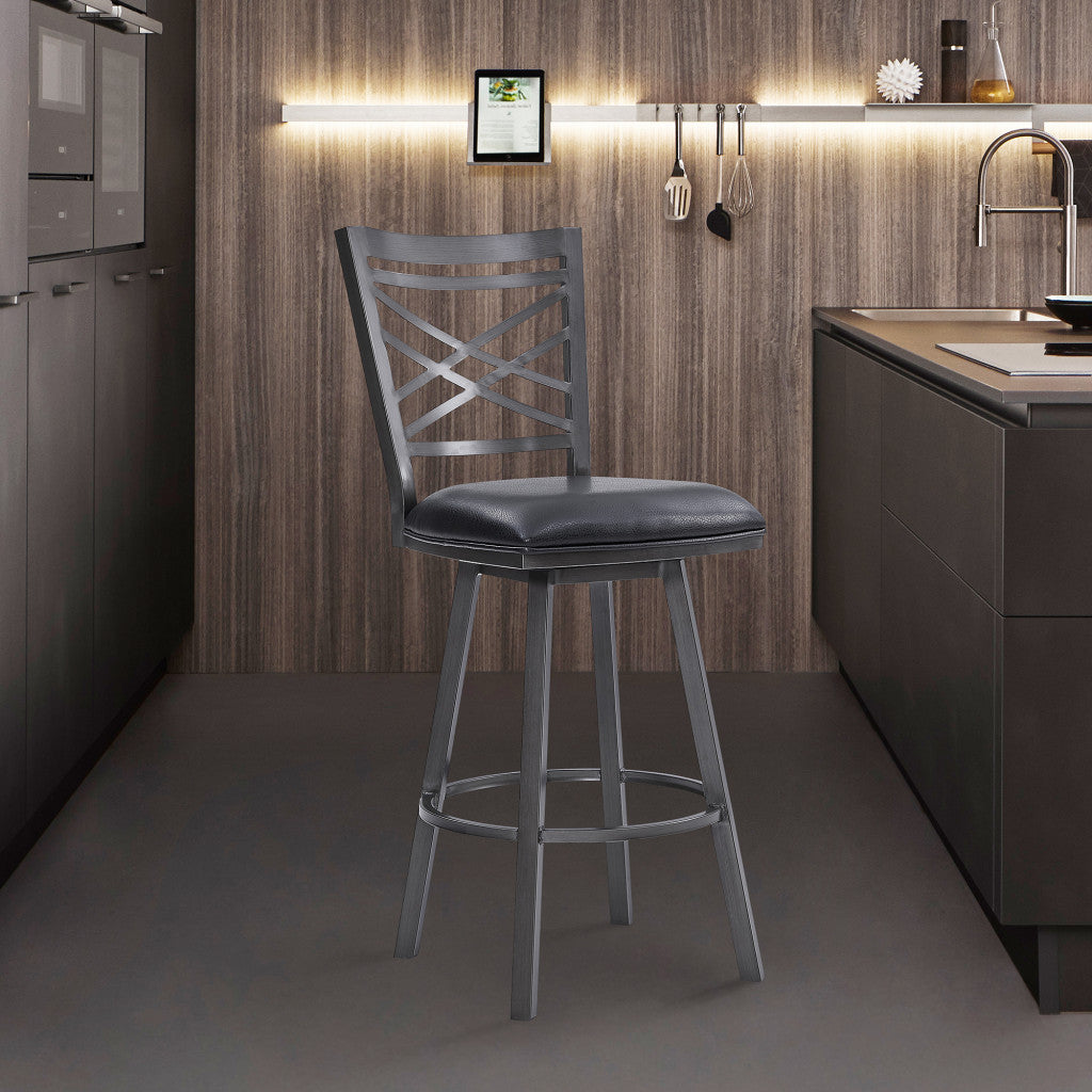 30" Transitional Black Faux Leather Metal Cross Back Bar Stool By Homeroots | Bar Stools | Modishstore