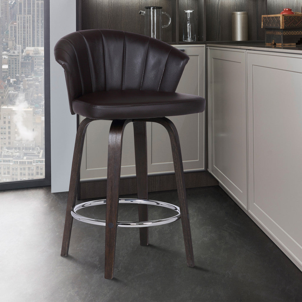 30" Dark Brown Faux Leather and Rustic Wood Back Swivel Bar Stool By Homeroots | Bar Stools | Modishstore