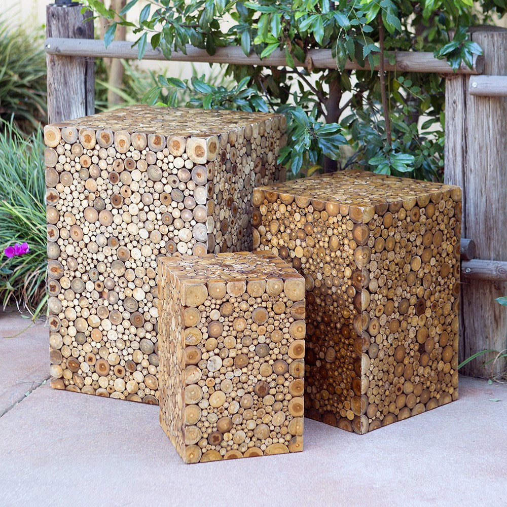 Garden Age Supply Harini Teak Branch Mosaic Box/Column - Set Of 3 | Outdoor Stools & Benches | Modishstore