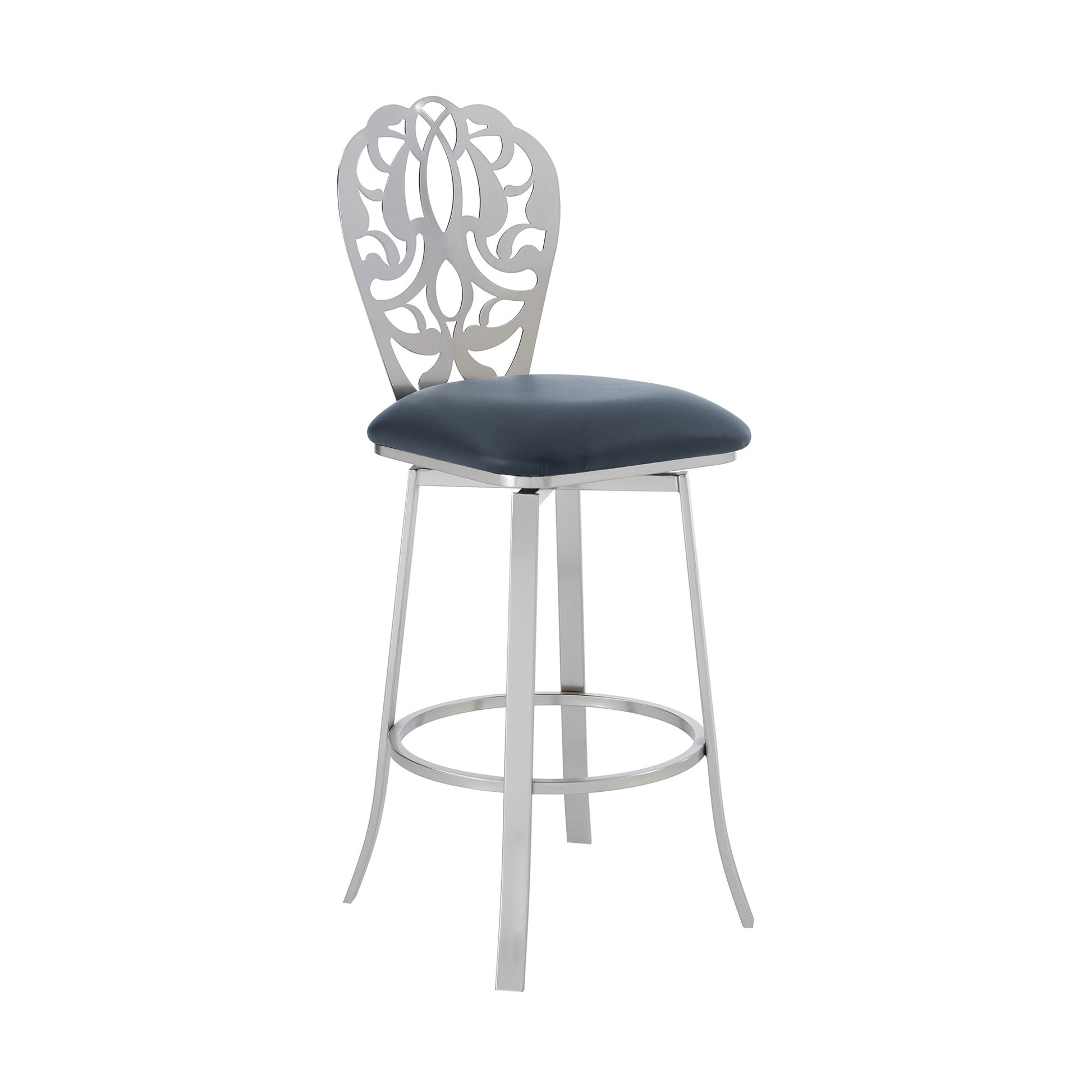 30" Grey Faux Leather Scroll Brushed Stainless Steel Swivel Bar Stool By Homeroots | Bar Stools | Modishstore
