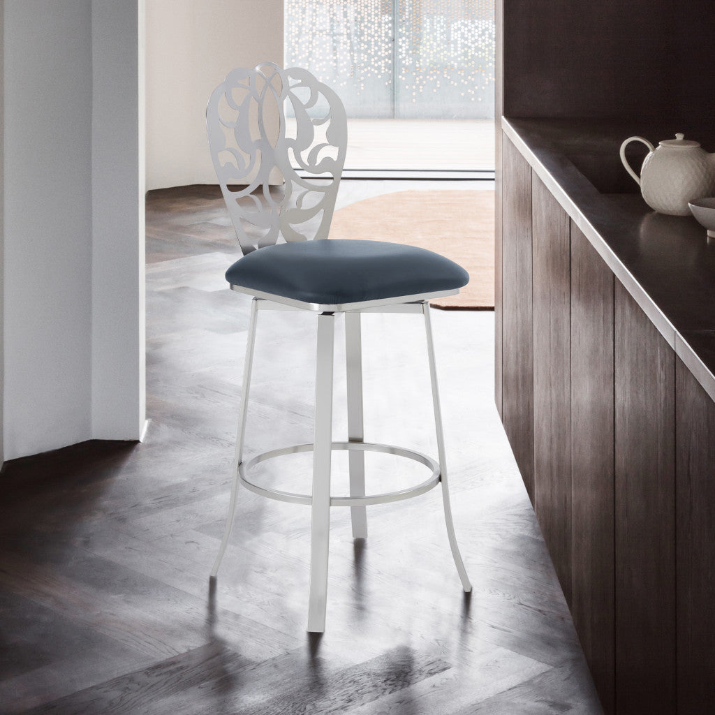 30" Grey Faux Leather Scroll Brushed Stainless Steel Swivel Bar Stool By Homeroots | Bar Stools | Modishstore