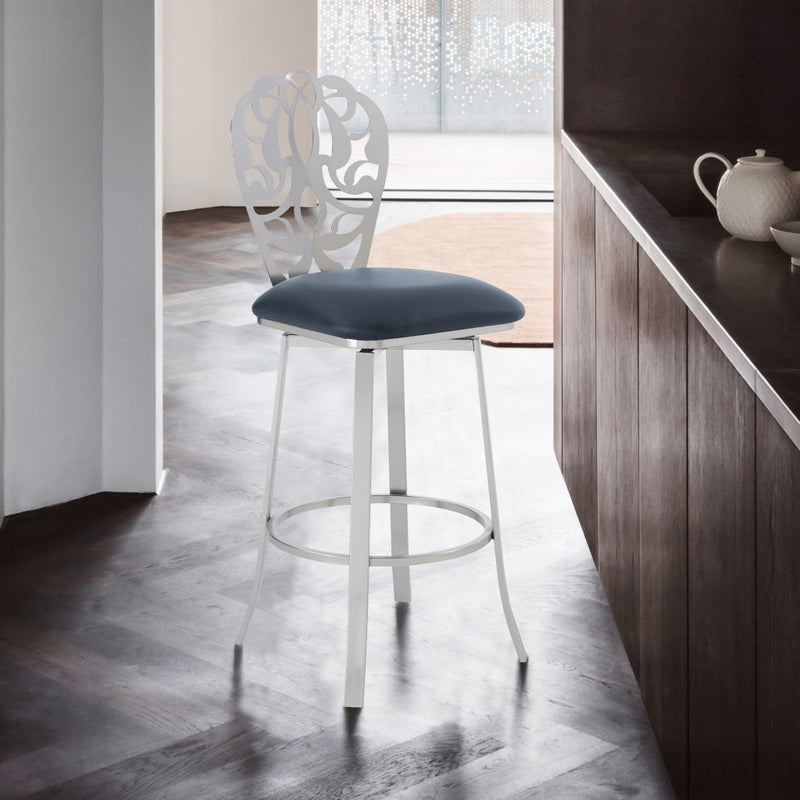 30" Grey Faux Leather Scroll Brushed Stainless Steel Swivel Bar Stool By Homeroots | Bar Stools | Modishstore
