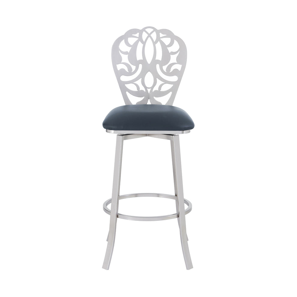 30" Grey Faux Leather Scroll Brushed Stainless Steel Swivel Bar Stool By Homeroots | Bar Stools | Modishstore - 3