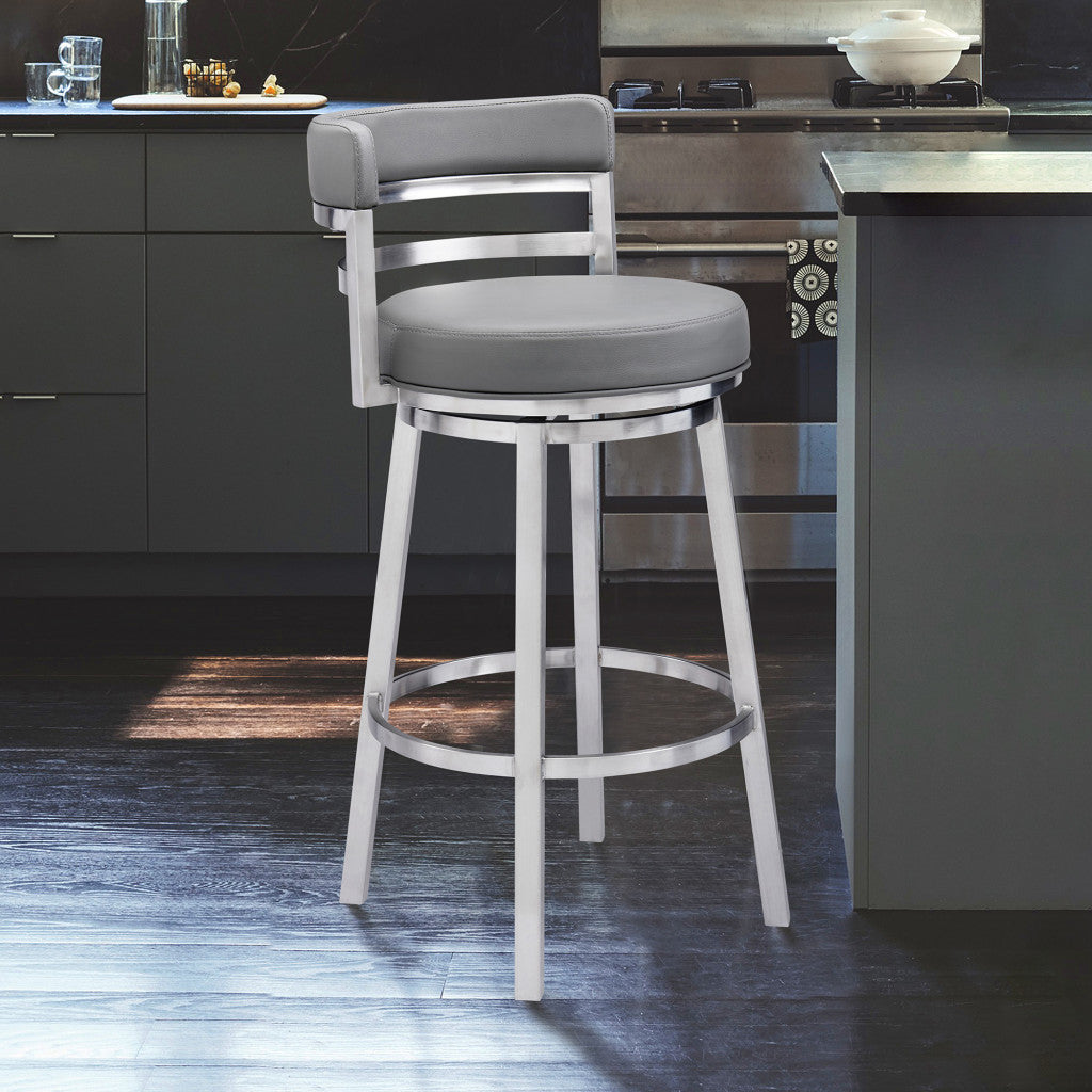 35" Gray Faux Leather And Iron Swivel Low Back Counter Height Bar Chair By Homeroots | Bar Stools | Modishstore
