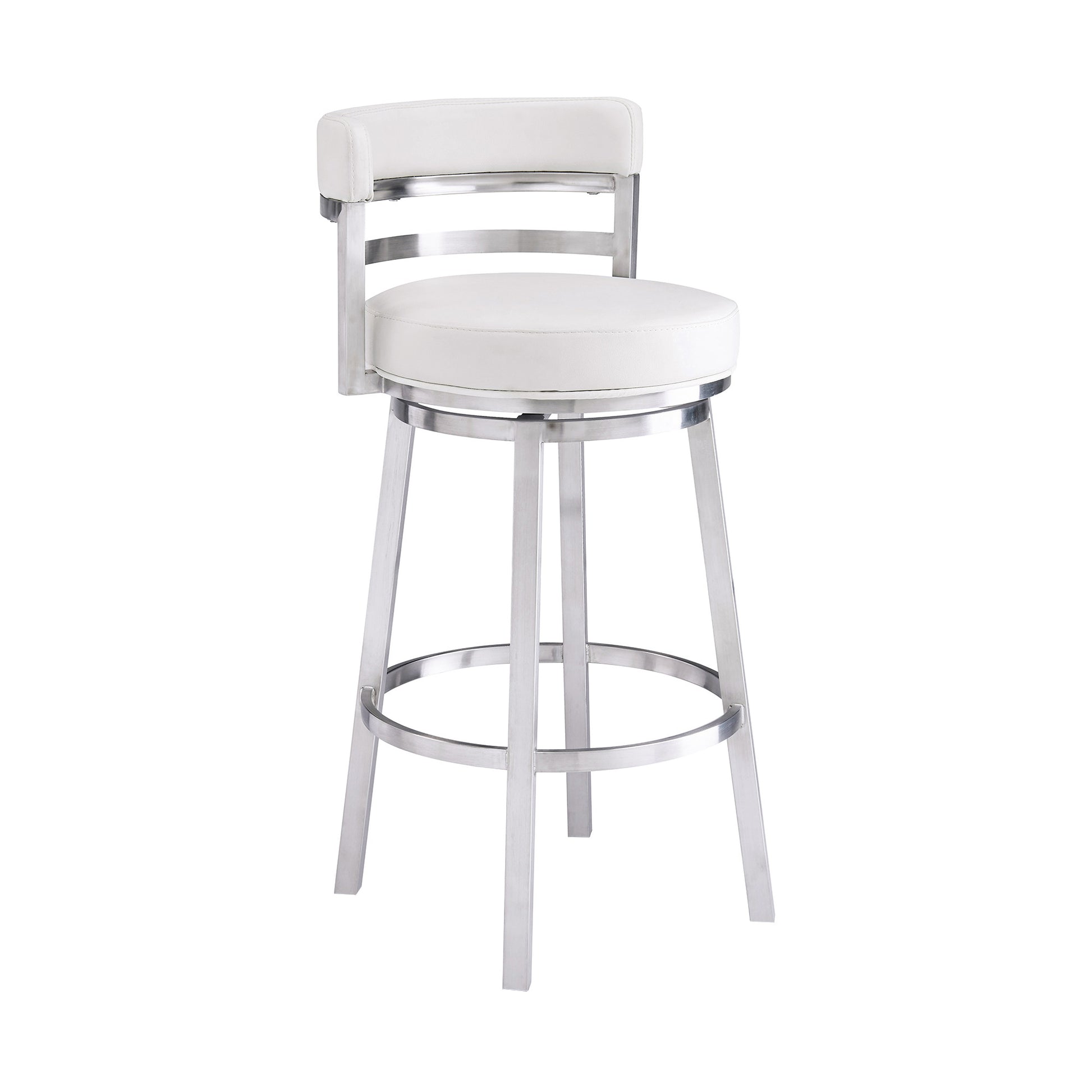 39" White And Silver Faux Leather Swivel Low Back Bar Height Chair With Footrest By Homeroots | Bar Stools | Modishstore