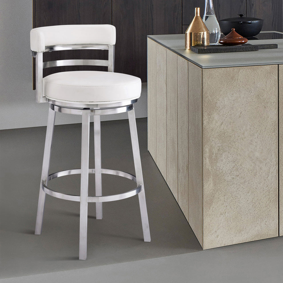 39" White And Silver Faux Leather Swivel Low Back Bar Height Chair With Footrest By Homeroots | Bar Stools | Modishstore - 8