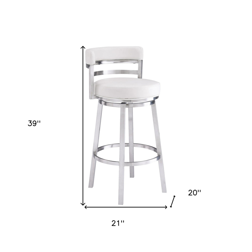 39" White And Silver Faux Leather Swivel Low Back Bar Height Chair With Footrest By Homeroots | Bar Stools | Modishstore - 9