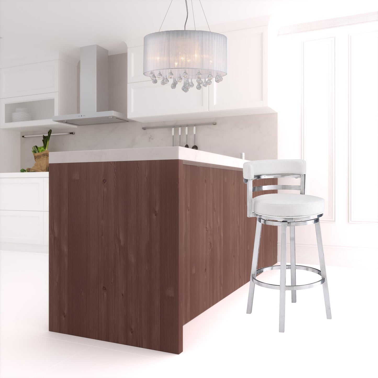 39" White And Silver Faux Leather Swivel Low Back Bar Height Chair With Footrest By Homeroots | Bar Stools | Modishstore - 4