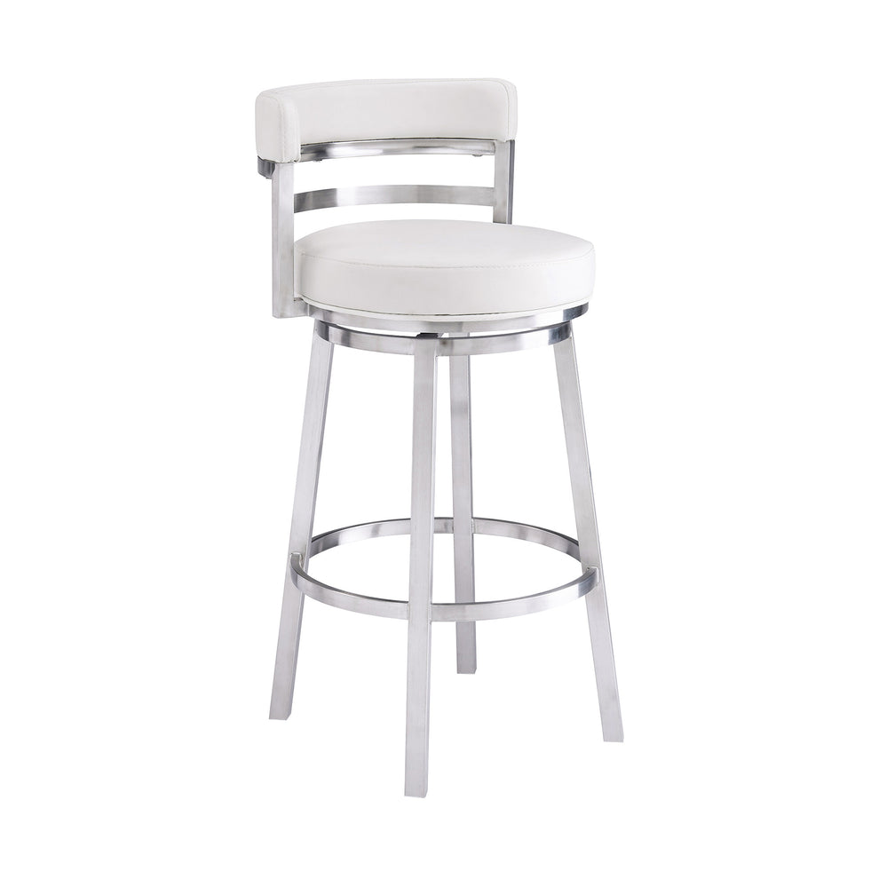 35" White And Silver Faux Leather And Iron Swivel Low Back Counter Height Bar Chair With Footrest By Homeroots | Bar Stools | Modishstore - 2