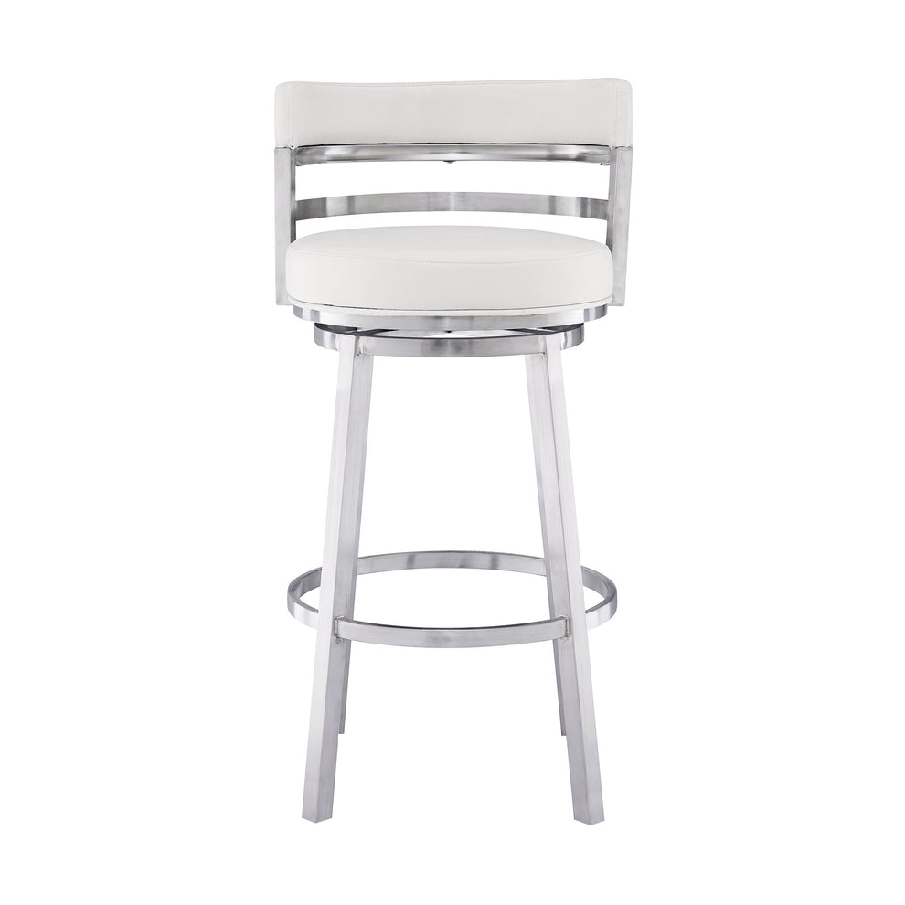 35" White And Silver Faux Leather And Iron Swivel Low Back Counter Height Bar Chair With Footrest By Homeroots | Bar Stools | Modishstore - 3