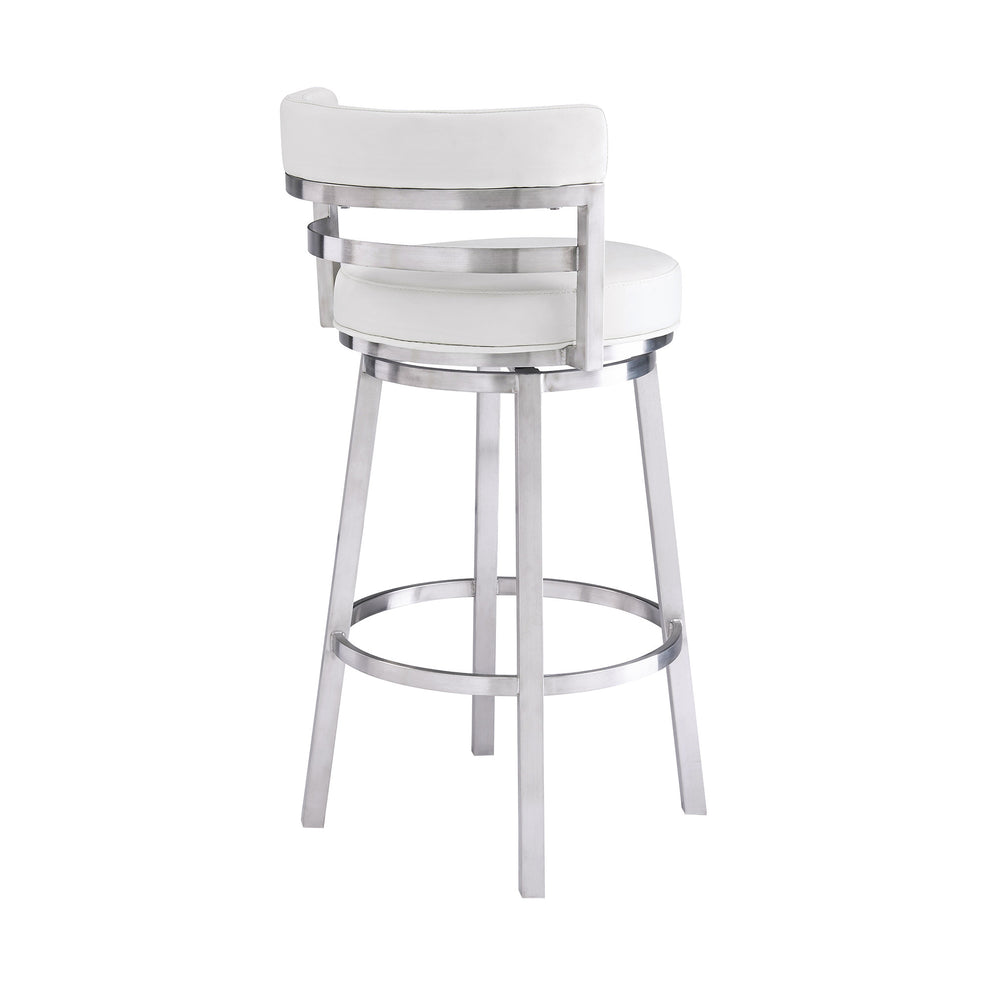 35" White And Silver Faux Leather And Iron Swivel Low Back Counter Height Bar Chair With Footrest By Homeroots | Bar Stools | Modishstore - 4