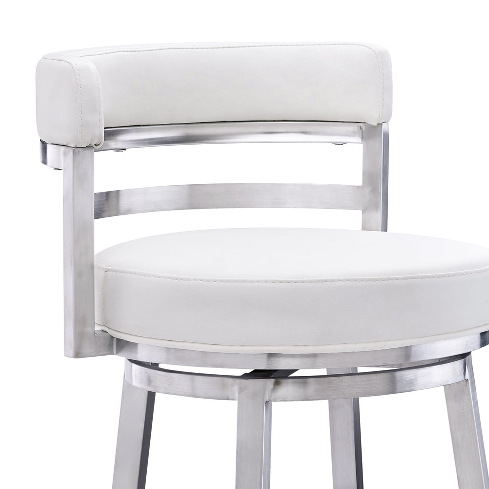 35" White And Silver Faux Leather And Iron Swivel Low Back Counter Height Bar Chair With Footrest By Homeroots | Bar Stools | Modishstore - 6