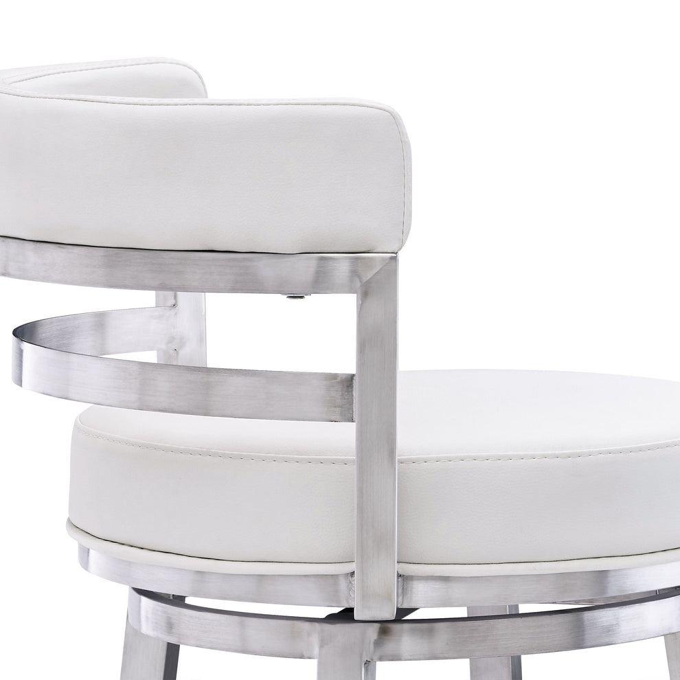 35" White And Silver Faux Leather And Iron Swivel Low Back Counter Height Bar Chair With Footrest By Homeroots | Bar Stools | Modishstore - 7