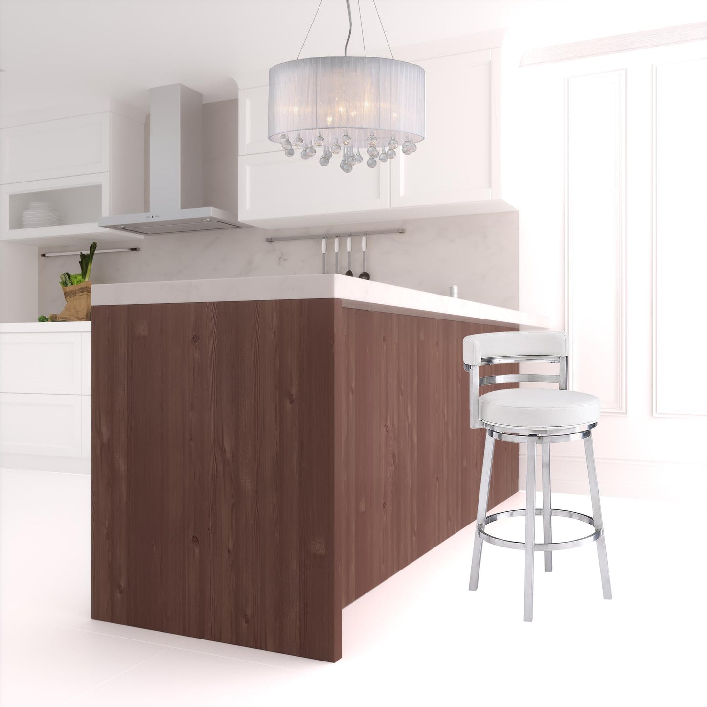 35" White And Silver Faux Leather And Iron Swivel Low Back Counter Height Bar Chair With Footrest By Homeroots | Bar Stools | Modishstore - 5