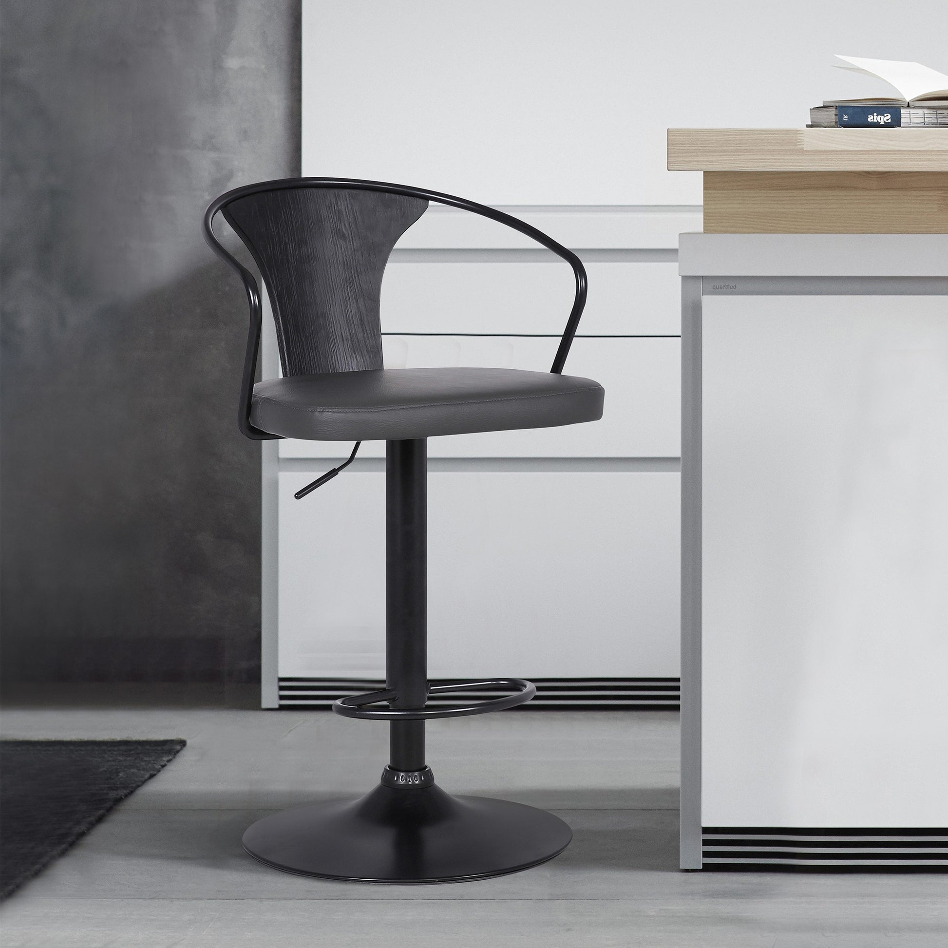 Gray Faux Leather & Metal Base Adjustable Bar Stool By Homeroots | Bar Stools | Modishstore