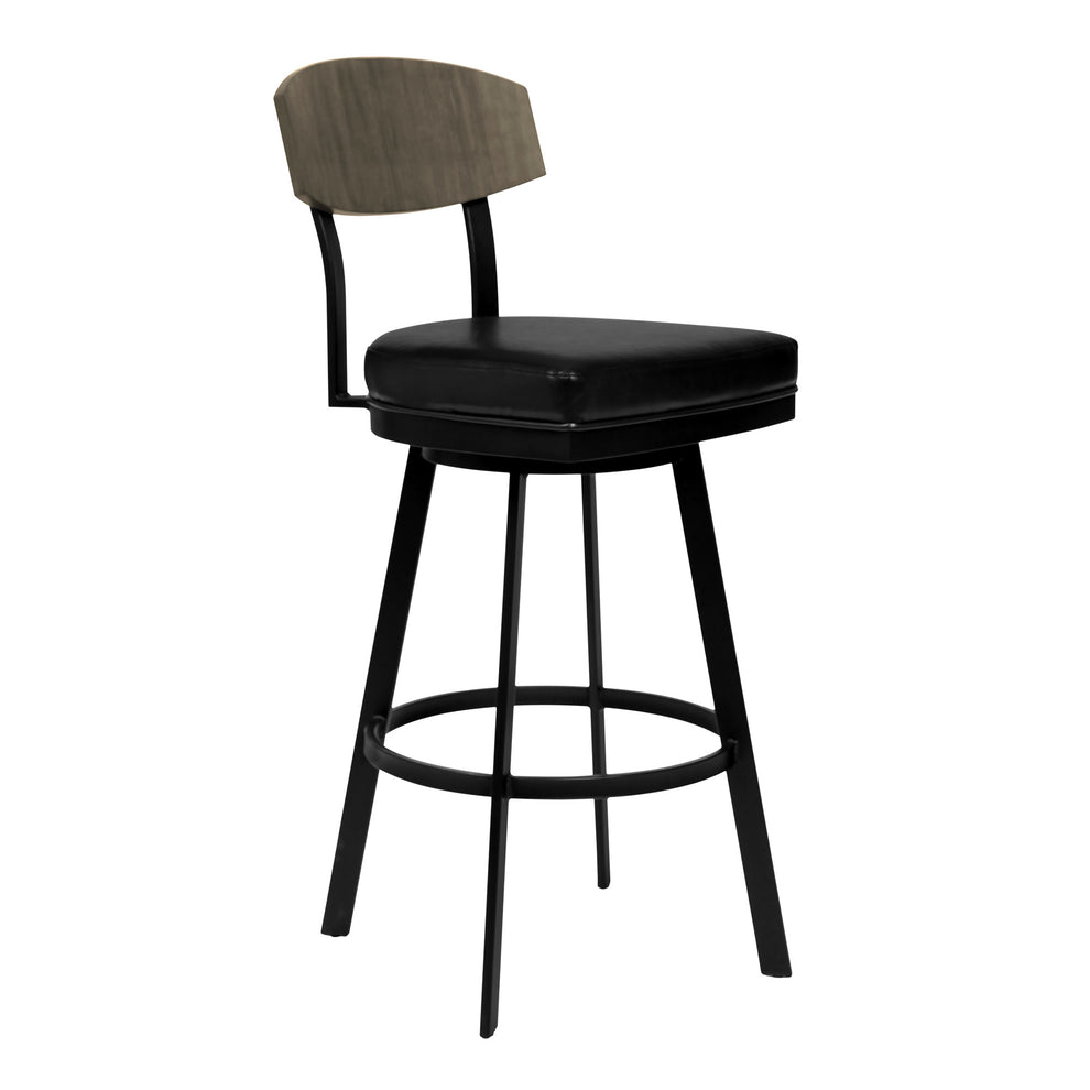30" Black Faux Leather Black Metal and Gray Walnut Open Back Swivel Bar Stool By Homeroots | Bar Stools | Modishstore - 2