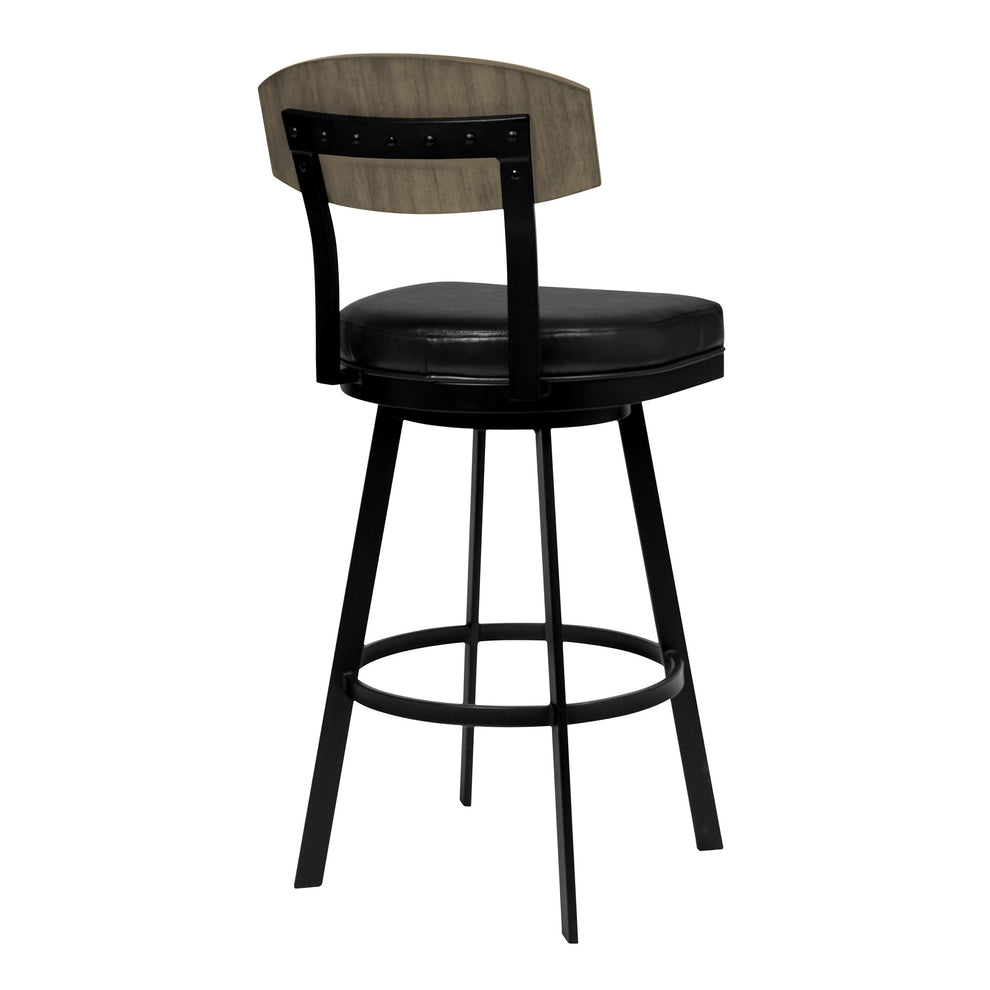30" Black Faux Leather Black Metal and Gray Walnut Open Back Swivel Bar Stool By Homeroots | Bar Stools | Modishstore - 3