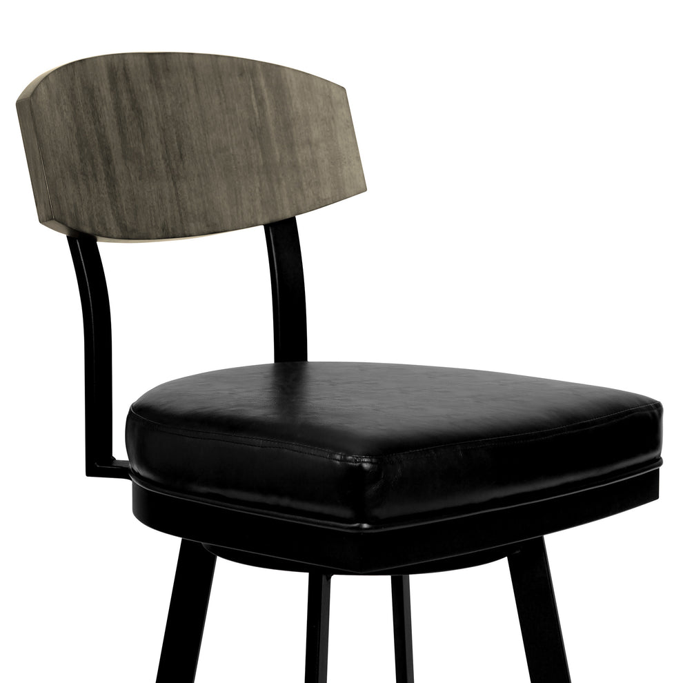 30" Black Faux Leather Black Metal and Gray Walnut Open Back Swivel Bar Stool By Homeroots | Bar Stools | Modishstore - 4