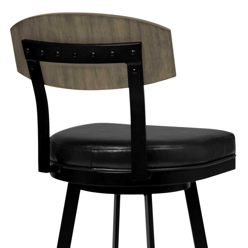30" Black Faux Leather Black Metal and Gray Walnut Open Back Swivel Bar Stool By Homeroots | Bar Stools | Modishstore - 5