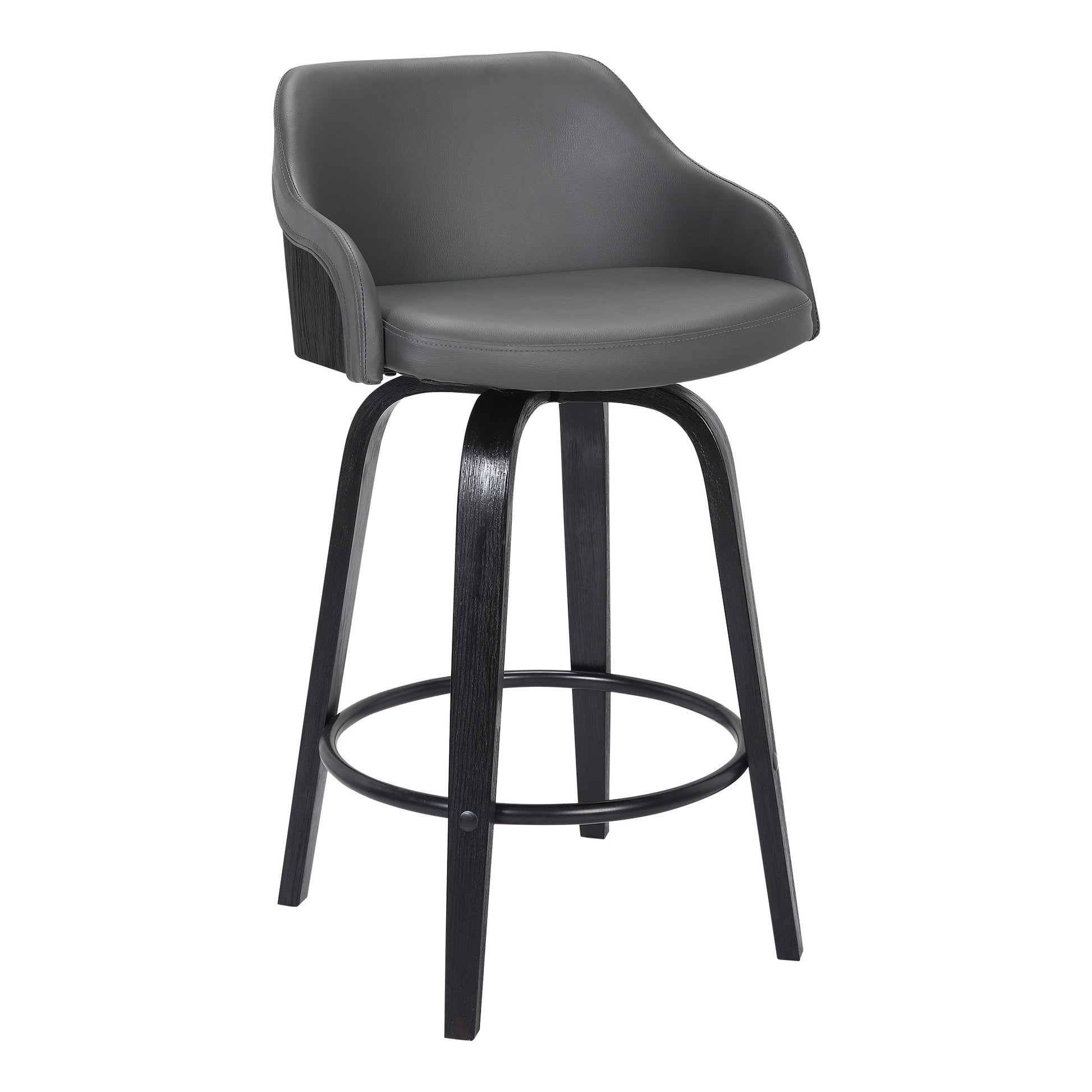 26" Gray Swivel Faux Leather Black Wooden Bar Stool By Homeroots | Bar Stools | Modishstore - 2