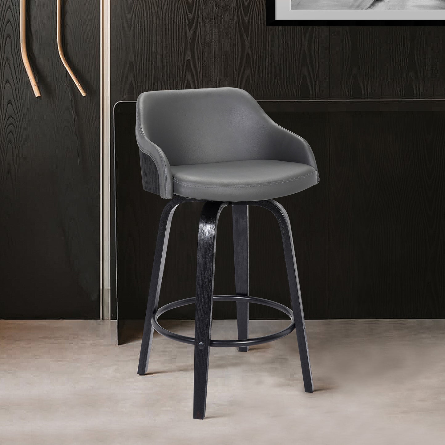 26" Gray Swivel Faux Leather Black Wooden Bar Stool By Homeroots | Bar Stools | Modishstore