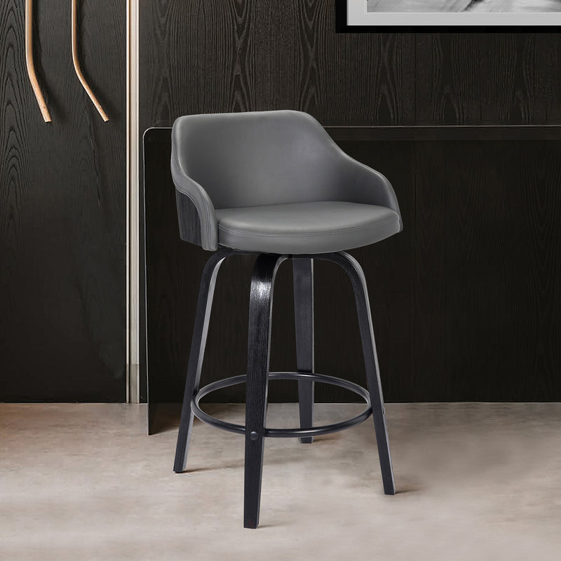 26" Gray Swivel Faux Leather Black Wooden Bar Stool By Homeroots | Bar Stools | Modishstore